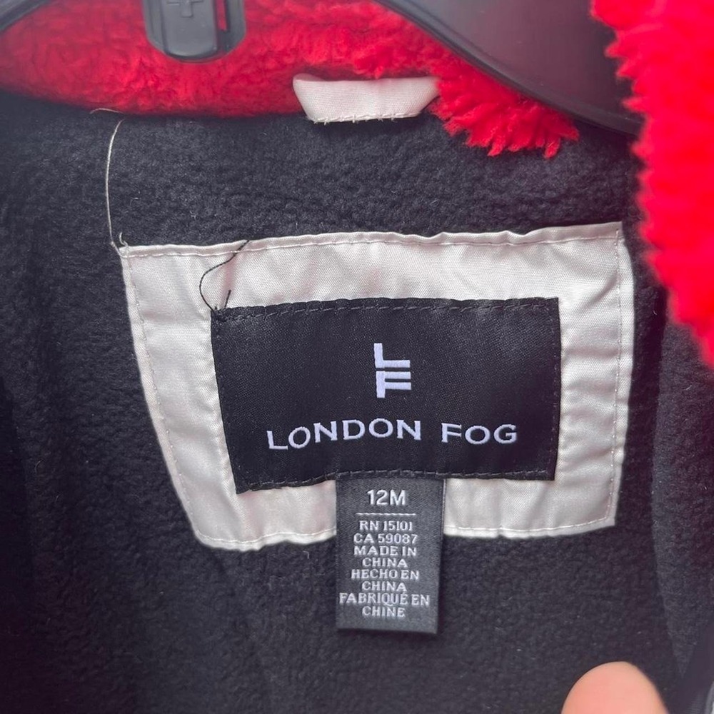 London Fog Winter black coat with red fur trim, Size: 12 months